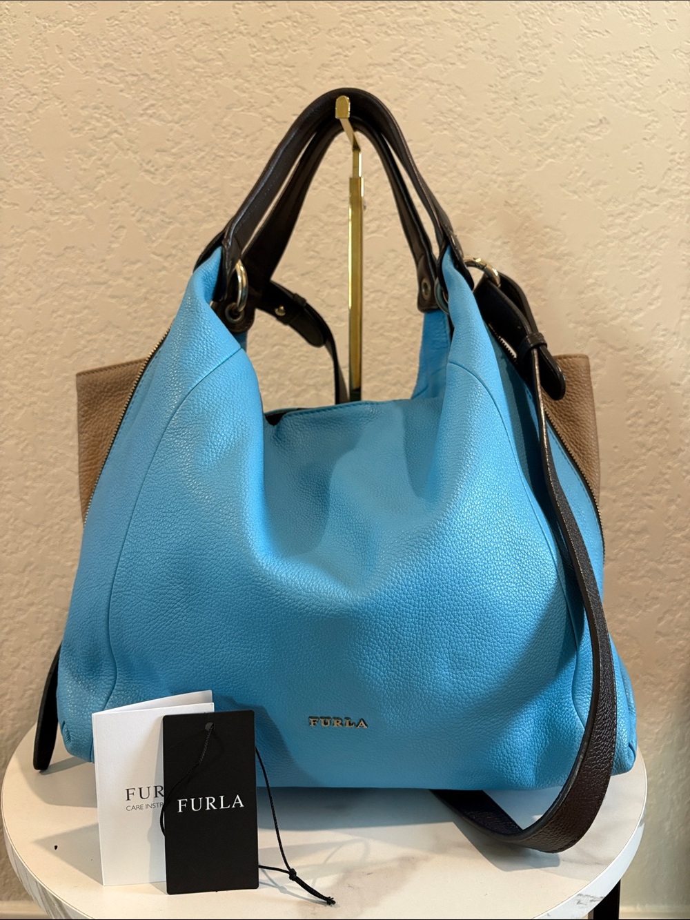 Furla Light Blue & Brown Leather Shoulder Bag